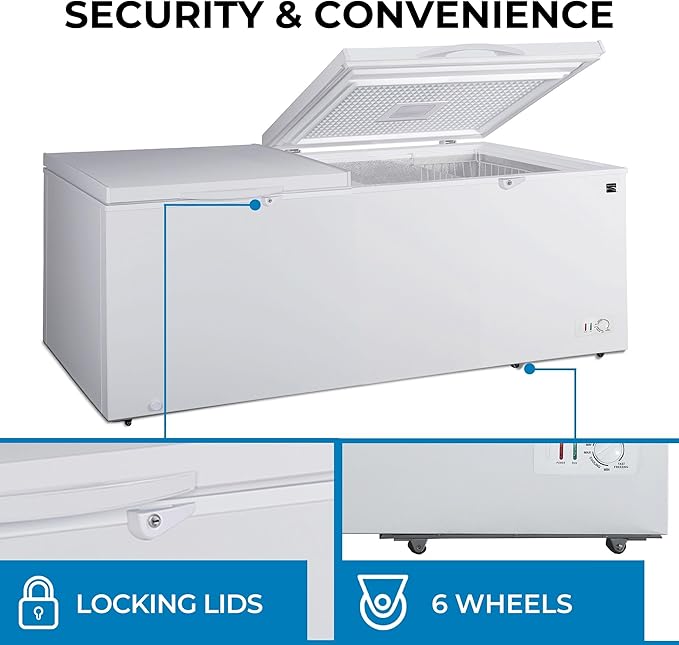 Kenmore 21 Cu. Ft. (595L) Convertible Chest Freezer/Refrigerator, Garage-Ready, Dual Lids, Keyed Safety Locks, LED Lights, Easy-Rolling Wheels, Manual Defrost, White, For Hunting Cabin Garage Cottage