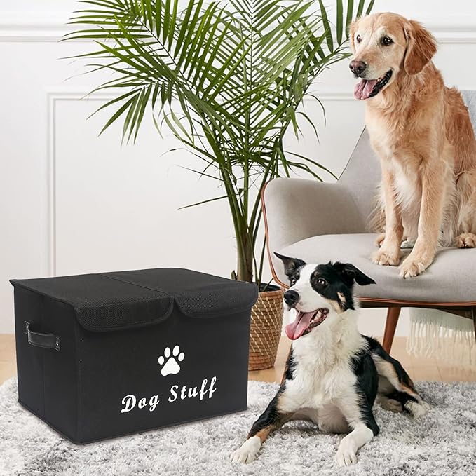 Geyecete Large Storage Boxes - Large Linen Fabric Foldable Storage Cubes Bin Box Containers with Lid and Handles for Dog Apparel & Accessories, Dog Toys(Black)