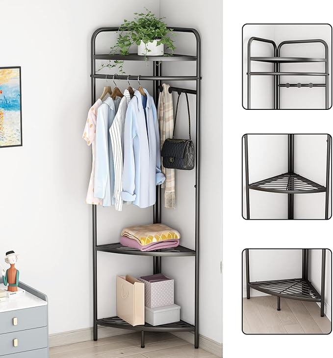 Corner Black Clothing Racks Freestanding, Metal Black Coat Racks with Hooks, Heavy Duty Modern Clothes Rack with 3 Tier Storage Shelves for Home,Bedroom,Living Room
