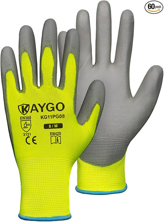 KAYGO Work Gloves for Men and Women,60 Pairs Seamless Knit PU Coated Safety Gloves, with Smooth Grip on Palm and Fingers, Ideal for Light Warehouse, Manufacturing, Gardening, KG11P (M,Green)