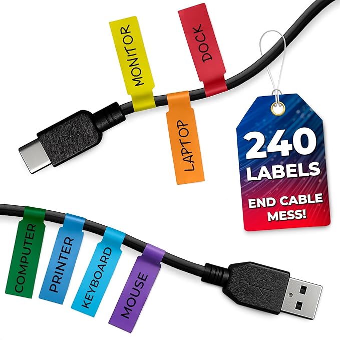 240 PCS Cable Labels Tags for Cable Management – 8 Bright Colors, Self-Adhesive, Tear-Resistant & Waterproof Cord Labels for Electronics | Tags for Wires - Writable or Printable with Laser Printer