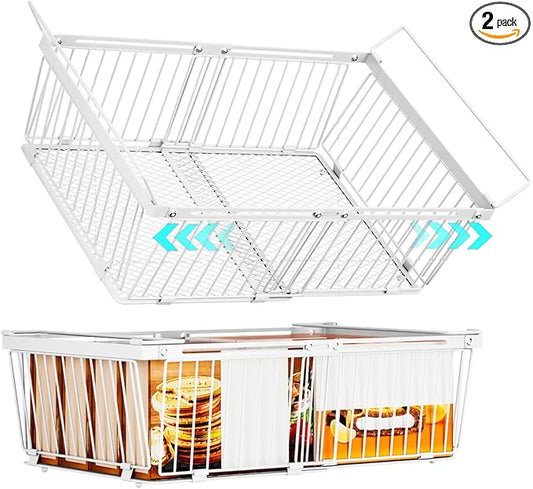 Large Freezer Organizer Bins，Upgraded Bottom Leak-Proof net，2 Pack， Expandable Stackable Chest Freezer Containers with Handle，for Fridge, Deep Freezer, Cabinet, Kitchen, Pantry (White-2Pack)