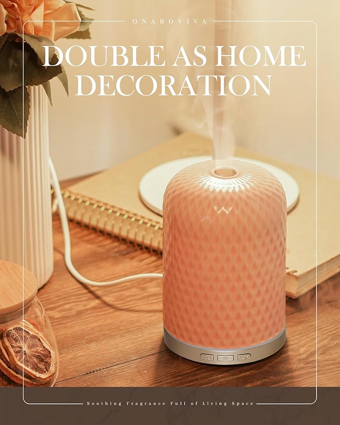 Essential Oil Diffuser -2.4MHz Ultrasonic Pink Ceramic Diffuser for Home,120ml, Pulse&Continuous Mist, Bright/Dim/Breathing Lighting, Waterless Auto-Off, Aromatherapy Diffuser with USB Cable