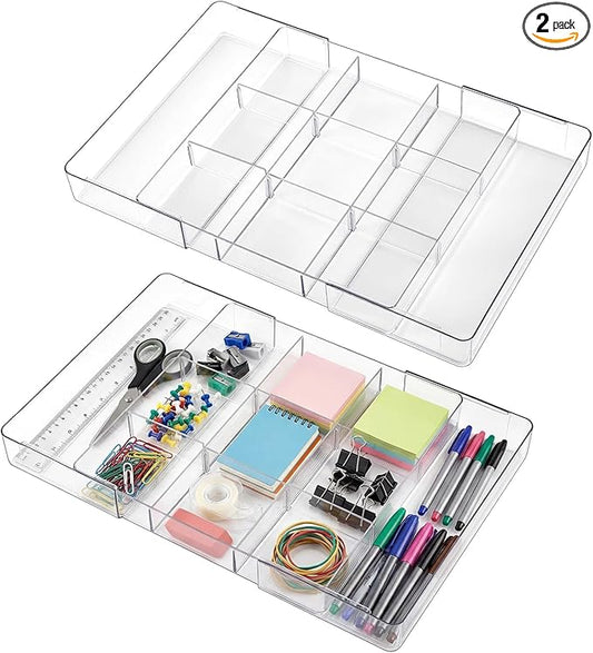2 Pcs Large Expandable Acrylic Drawer Organizers, Grid Adjustable Drawer, Dividers Organizer for Desk, Makeup, Jewelry, Office, Kitchen Supplies (Transparent,11 Compartments)