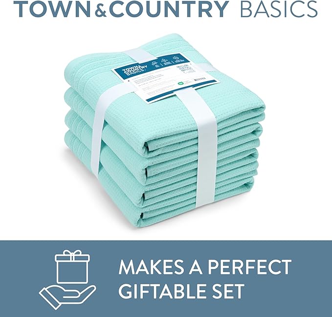 Town & Country Basics 6-Piece Assorted Waffle Woven Terry Stripe Set, 2 Bath Towel, 2 Hand Towel, 2 Washcloth, 100% Cotton, Quick Dry, Aqua