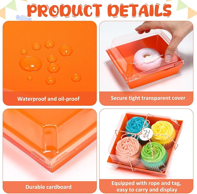 Outus 100 Pack Charcuterie Boxes with Clear Lids, 5.7 x 5.1 '', Mother 's Day Back to School Paper Food Containers Cake Take out Bakery Boxes with Gift Tags Rope for Desserts(Orange,Classic)