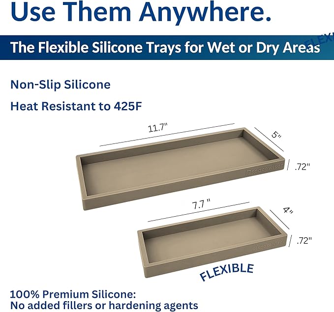 Countertop and Vanity Tray - 2 PC (11” and 7”) Shatterproof Silicone Kitchen and Bathroom Trays for Counter, Kitchen Soap Dispenser Tray, Vanity Trays for Bathroom, Perfume Key Tray