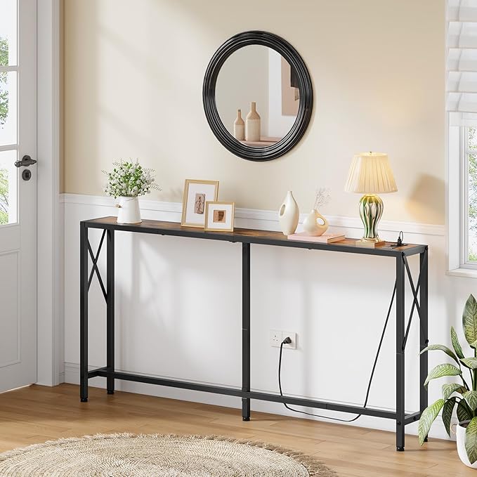 Console Table with Oulets and USB Ports, 55.1" Sofa Table Behind Couch, Industrial Long Skinny Stand for Hallway, Living Room, Bedroom, 6.5 Feet Power Cord, Rustic Brown