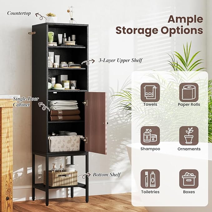 Giantex 57” Tall Bathroom Storage Cabinet, Floor Cabinet with Door, Adjustable Shelves & Foot Pads, Metal Legs, Anti-Tipping Kit, Slim Bathroom Storage Unit for Living Room, Kitchen (Black)