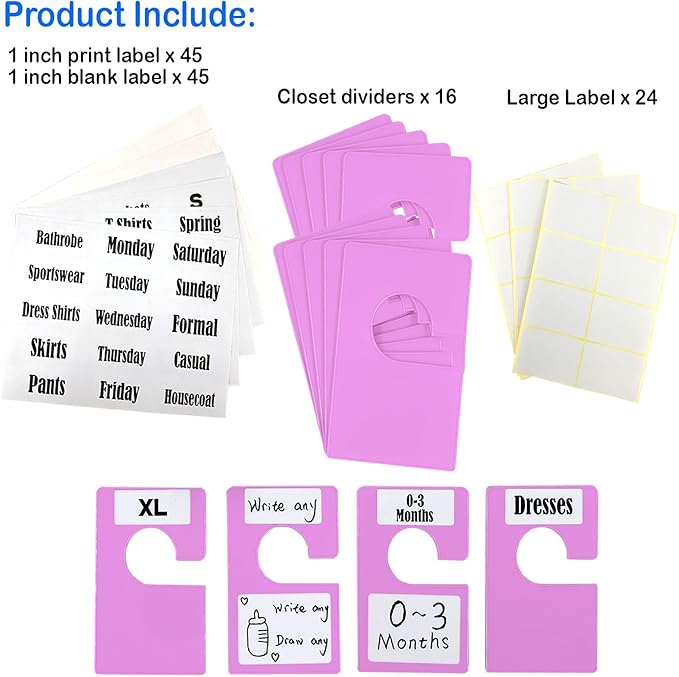 16 Pack White Clothing Rack Size Dividers Plus 45 Labels (1 Inch) and 18 Large Blank Labels, Large Rectangular Clothing Closet Dividers (Purple)