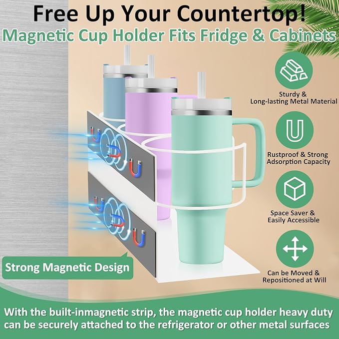 Magnetic Cup Holder for Fridge, Water Bottle Organizer for Cabinet Magnetic Cup Holder Heavy Duty Tumbler Lid Organizer for 20oz 30oz 40oz Cup Accessories Storage Organizer (White)