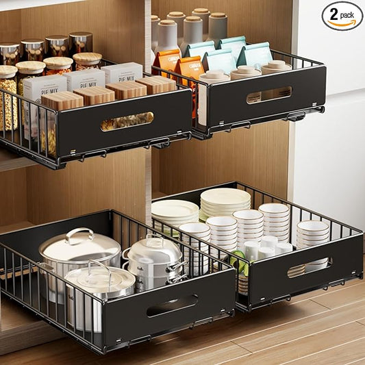 2 Pack Pull Out Cabinet Organizer, Slide Out Drawers for Cabinets, Peel and Stick, Heavy Duty Shelves for Kitchen, Cupboard, Pantry, Bathroom (16.5" D*11.8" W*3.94" H-Black)