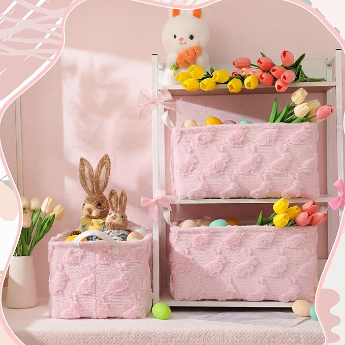 Kathfly Pink Rabbit Storage Baskets Easter Bunny Laundry Basket Plush Faux Fur Jacquard Design with Handles Waterproof Storage Bins Fabric Shelf Baskets for Easter Party Decorations