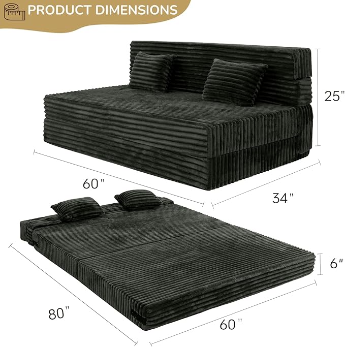 Folding Sofa Bed Queen Size, Convertible Sleeper Chair Loveseat with Pillow, Futon Chair Sofa Bed, Fold Out Floor Couch, Foldable Mattress for Living Bedroom Guest Room Dorm, Charcoal Moss Grey