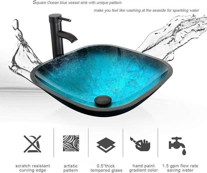 eclife 24" Modern Bathroom Vanity Sink Combo Freestanding Cabinet with Soft Closing Door, Turquoise Square Glass Vessel Sink, Water Save Faucet, Drain (Gray+A10)