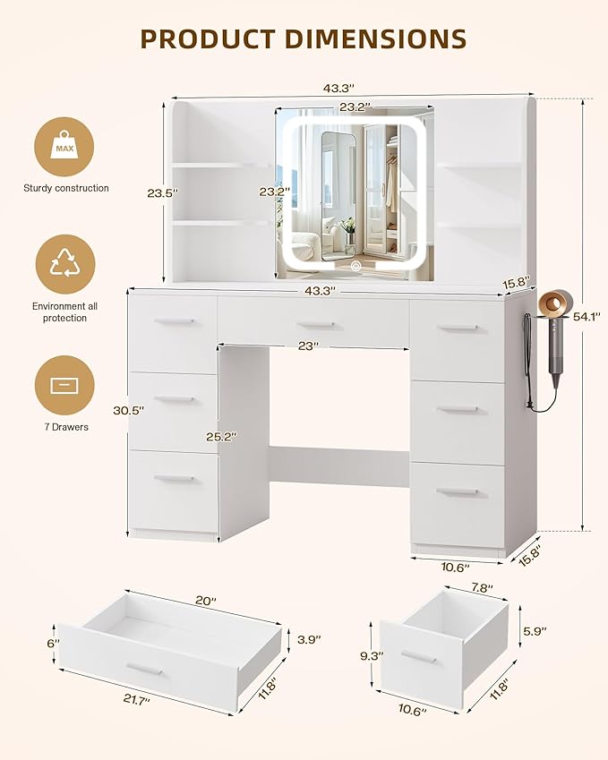 Large Makeup Vanity Desk, 43.3”W x 15.7“D x 53.2”H, White (Large Desktop, Samrt LED Mirror, 4 Open Shelves, 7 Drawers, Hairdryer Rack, Power-Outlet, No Cushion Stool Included)