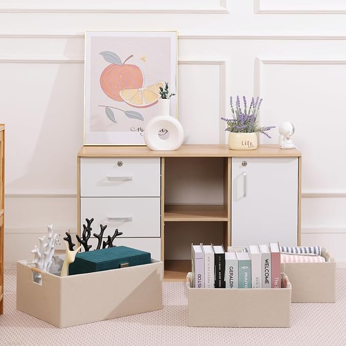 ANMINY 6PCS Storage Baskets for Organizing Collapsible Fabric Storage Bins Boxes with Wood Handles Closet Shelves Cube Organizer Bins Clothes Laundry Storage Container - Medium, Beige