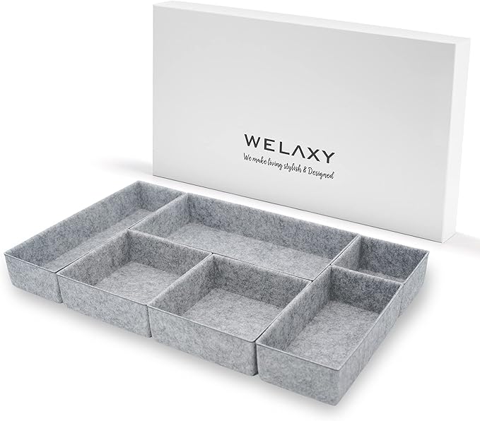 Welaxy Deluxe drawer organizers multi-purpose storage box junk bins for office home bathroom nightstand holder quiet luxury gift idea 6-piece Style A (Gray)