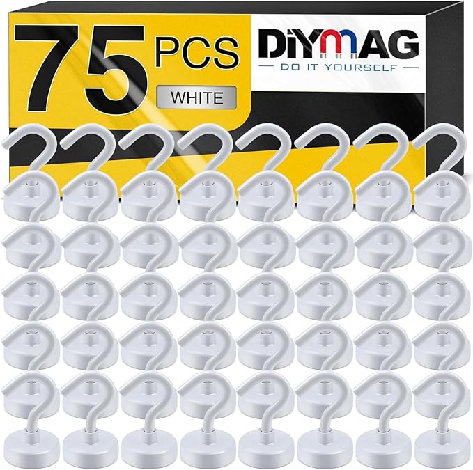 DIYMAG Magnetic Hooks, 30Lbs Strong Heavy Duty Cruise Magnet S-Hook for Classroom, Fridge, Hanging, Cabins, Grill, Kitchen, Garage, Workplace and Office Etc, (75 Pack-White)