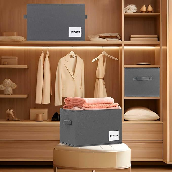 Large Fabric Storage Baskets for Shelves 3 Pack, 15x11in Closet Storage Bins for Shelves, Cloth Baskets for Organizing, Linen Closet Organizers, Grey