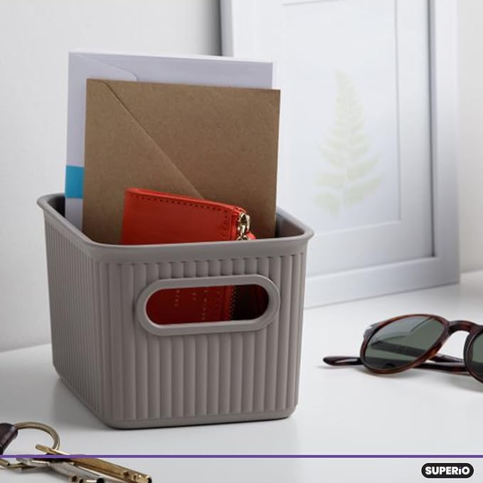 Decorative Plastic Basket Open Home Storage Bins Organizer Baskets, Small Taupe (2 Pack) Container Boxes for Organizing Closet Storage Bins for Shelves Drawer Shelf - Ribbed Collection 1.5 Liter