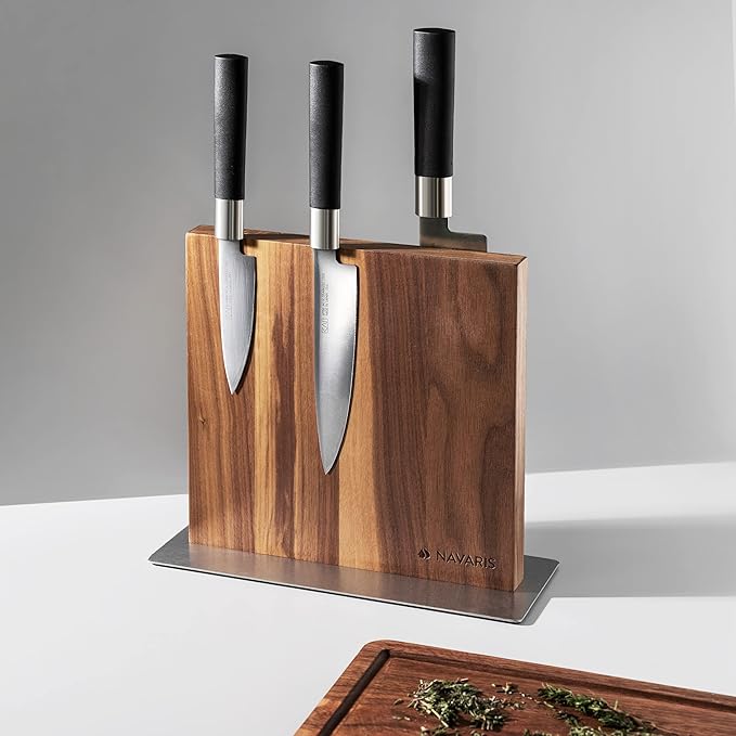 Navaris Magnetic Wooden Knife Block - Kitchen Storage with Strong Magnets for Knives & Utensils - Simple Modern Utensil Holder in Walnut Wood - 8.9" x 8.7"