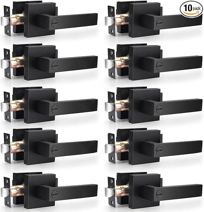 Probrico 10 Pack| Matte Black Door Handles Privacy Door Levers, Heavy Duty Bed and Bath Door Locks Interior Keyless Locksets, Reversible Flat Levers with Square Rosette