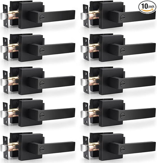 Probrico 10 Pack| Matte Black Door Handles Privacy Door Levers, Heavy Duty Bed and Bath Door Locks Interior Keyless Locksets, Reversible Flat Levers with Square Rosette