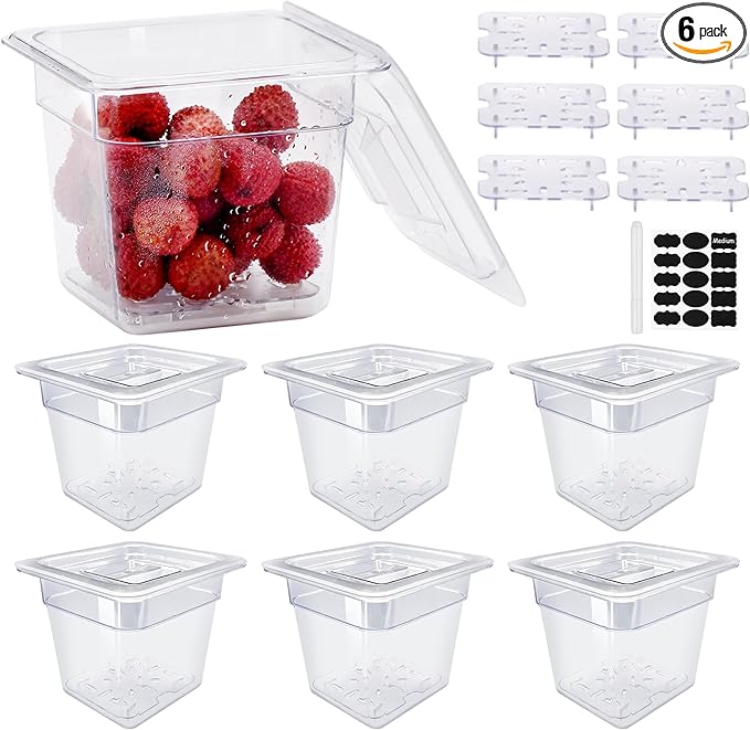 1/6 6'' 6 Pack NSF Commercial Food Pans with Lids & Drain Tray, 1/6 Size 6 Inch Deep Restaurant Containers, Food Storage with Capacity Scale, Restaurant Supplies Hotel Pan, Polycarbonate