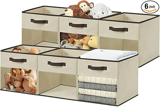 DECOMOMO Storage Cubes, 13 inch Cube Storage Bins with Window, Fabric Organizer Bins (13" / 6pcs, Beige)