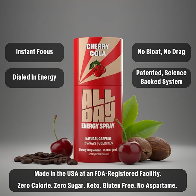 Caffeine Spray, Promotes Focus and Energy (Peach Snap, 8 Bottles, 96 Sprays) — 32mg Natural Caffeine per Spray — Pocket-Size Energy Shot/Drink - Formulated with L-Theanine, Vitamin B12, & Vitamin D