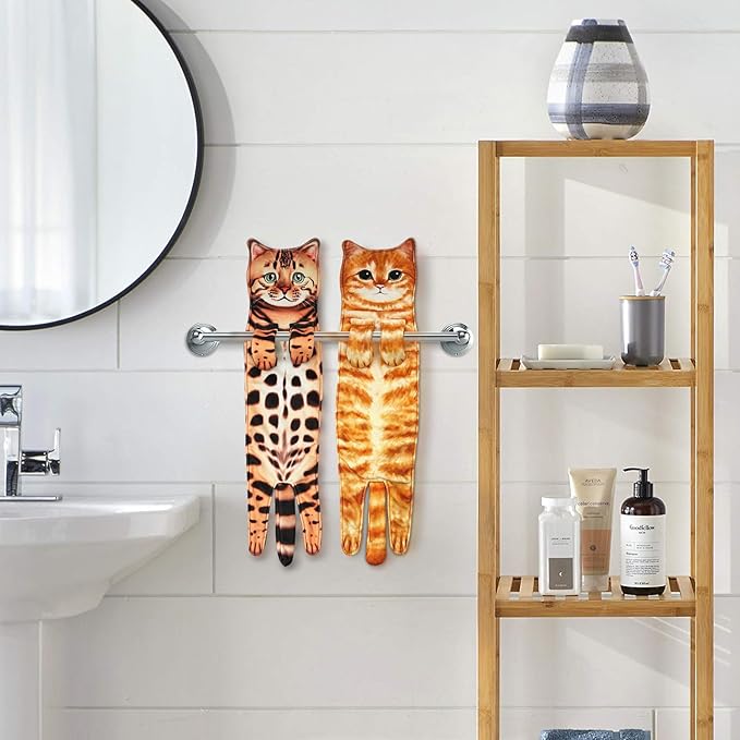 PAT JUUMG Funny Cat Hand Towels for Bathroom Kitchen Decor, Cute Decorative Hanging Face Towels, Super Absorbent Soft, Housewarming Gift, Cat Lovers Gifts for Women (2 Pcs-Towel-JT-01)