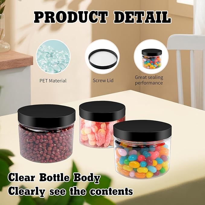 60 Pcs 10 oz Clear Plastic Jars Containers Cylinder Round Containers Airtight Screw Wide Mouth Storage Jars with Lids for Food Kitchen Honey Butter Cosmetics(Black)