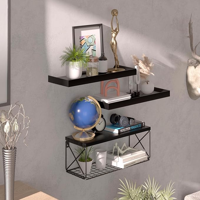 Floating Bathroom Shelves with Wire Storage Basket, Wall Mounted Shelf Over Toilet, 3+1 Tier Wall Decor Small 15.7 Inch Set of 3(Black)