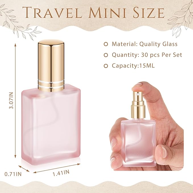 Domensi 30 Pcs 15 ml Glass Perfume Bottles Mini Glass Empty Spray Atomizer Bottles Bulk Refillable Perfume Dispenser Container with Pump Tool for Travel Plants Hair Cleaning Skin Care(Light Color)