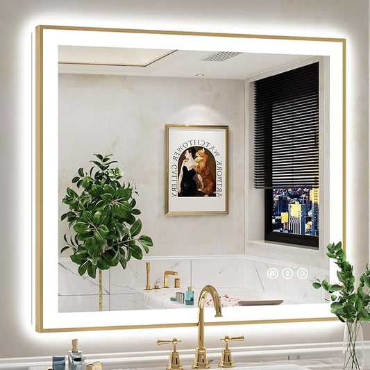 40x36 Inch LED Bathroom Mirror with Lights (Front Lit and Backlit) Gold Framed Lighted Vanity Mirror for Bathroom Wall Dimmable Anti-Fog Memory Tempered Glass Horizontal/Vertical