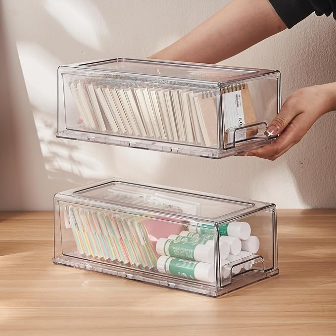 PeJeyiee 2 Pack Stackable Pull-Out Storage Drawers，Plastic Clear Organizer Bins with Handles，Easily Clean for Craft, and Toy Organization，Kitchen Undersink，Cabinet，Fridge，Closet，Pantry，Office，Bathroom
