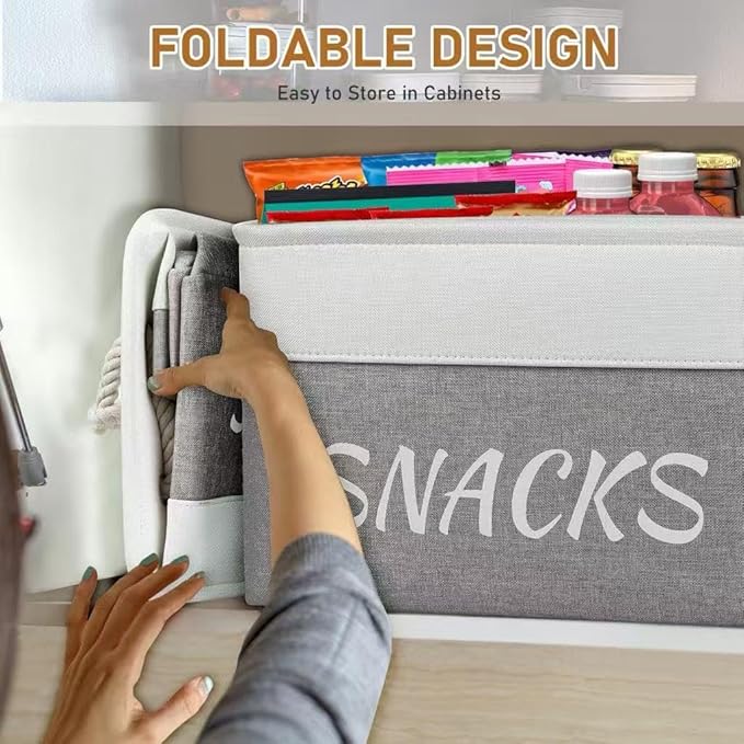 Snack Organizer for Pantry, Decorative Snack Basket with 10pcs Chip Clips, Snack Organizer for Desktop, Collapsible Shelf, Office, Kitchen and More (Grey, Medium-2 Pack)