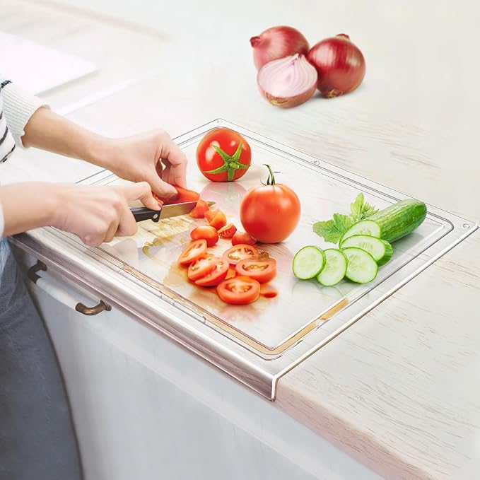 Acrylic Cutting Board with Counter Lip, 18x14 Inch Clear Cutting Boards for Kitchen Counter with Juice Groove, Non Slip for Countertop Protector, Apartment Essentials Kitchen Decor Gifts