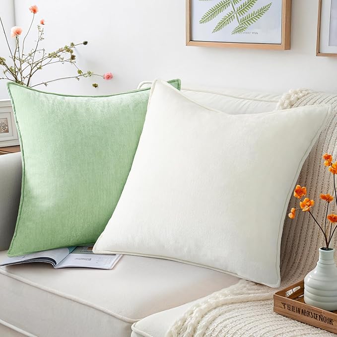 decorUhome Spring Couch Euro Sham Throw Pillow Covers 24x24 Set of 2, Decorative Soft Velvet Modern Cozy Chenille Pillow Cases with Elegant Design for Sofa Bed Living Room Home Decor, Cream White