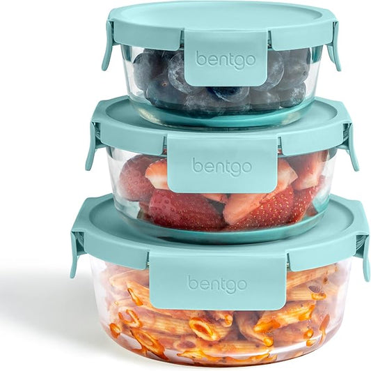 Bentgo Glass Leak-Proof Food Storage Set - 6-Piece Glass Containers with BPA-Free Airtight Lids, Reusable & Durable for Leftovers & Meal Prep - Microwave, Freezer, Oven & Dishwasher Safe (Soft Aqua)