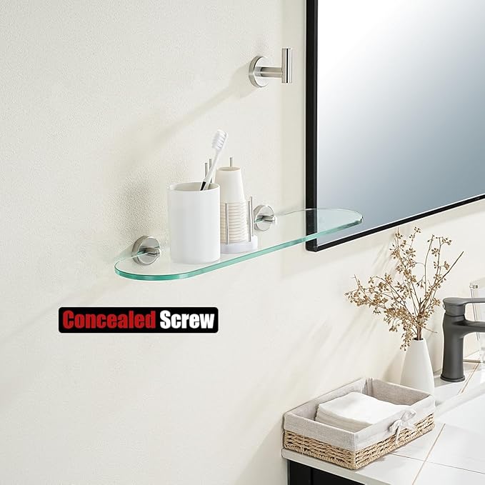 JQK Bathroom Glass Shelf, Floating Tempered Glass Shower Storage 20 by 5 inches, 304 Stainless Steel Brushed Finish Wall Mount 2 Pack 2 Pack, TGS121L20-BN-P2