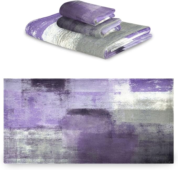 Purple Grey Art Bath Towel Set, 3 Piece Modern Decorative Absorbent Microfiber Set (1 Bath, 1 Hand, 1 Washcloth) for Fingertip, Hair, Face