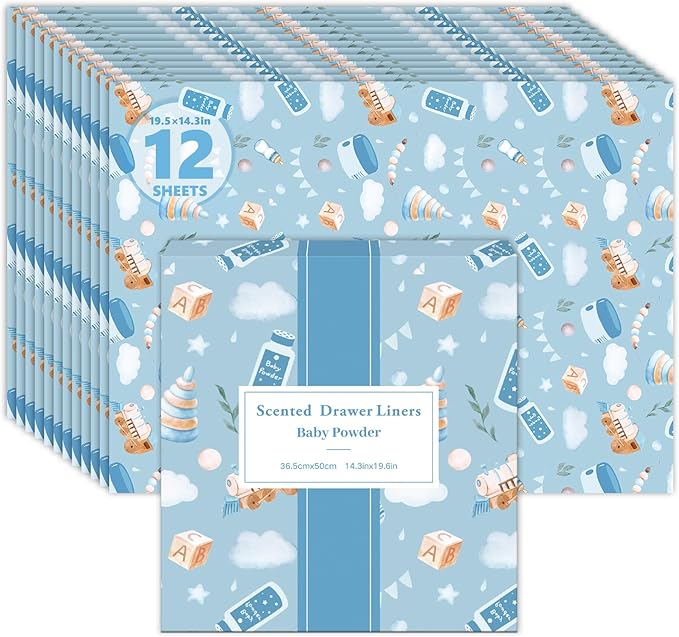 SCENTORINI Scented Drawer Liners for Dresser, 12 Sheets Baby Powder Scent Drawer Paper Liners,14.3x19.5 Inch Scented Paper Sheets for Home Shelf Closet Bedroom Drawers