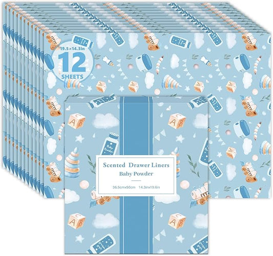 SCENTORINI Scented Drawer Liners for Dresser, 12 Sheets Baby Powder Scent Drawer Paper Liners,14.3x19.5 Inch Scented Paper Sheets for Home Shelf Closet Bedroom Drawers