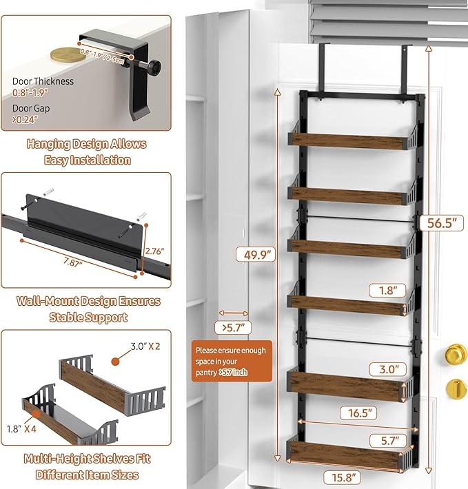 Over the Door Pantry Organizer: Storage and Pantry Organization with Hanging Basket - 6-Tier Metal Spice Rack Adjustable Shelves for Kitchen Laundry Room Bedroom & Bathroom Black
