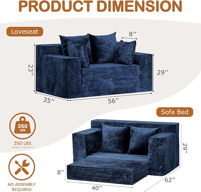 Convertible Sofa Bed, 5 in 1 Small Boneless Couch Pull Out Loveseat Sleeper Sofa,Corduroy Futon Couch Folding Mattress with 4 Pillows for Living Room Bedroom Lounge (No Assembly)