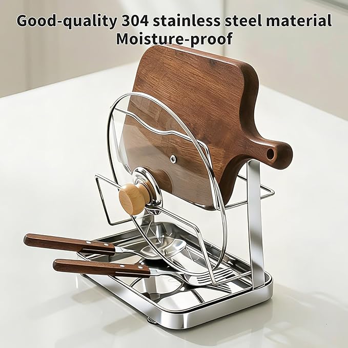 Pot Lid Holder While Cooking, 2 Tier 304 Stainless Steel Pot Lid Organizer with Drip Tray, Kitchen Storage Rack for Stove Top & Countertop, Heavy Duty Lid Holder for Pots and Pans, Silver