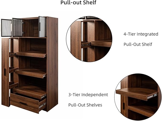 KEIKI 70.87" Tall Kitchen Pantry Storage Cabinet with Multi-Functional Pull-Out Shelf, Drawers, Glass Doors & Microwave Stand, Wood Hutch Food Pantries Cupboard for Coffee Bar, Dining Room