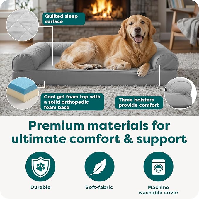 FurHaven Cooling Gel Dog Bed for Large Dogs, L-Shaped Chaise with Cool Gel-Top Foam with a Solid Orthopedic Foam Base for Joint Support, Removable Washable Cover, Jumbo/XL, Plush & Suede, Stone Gray